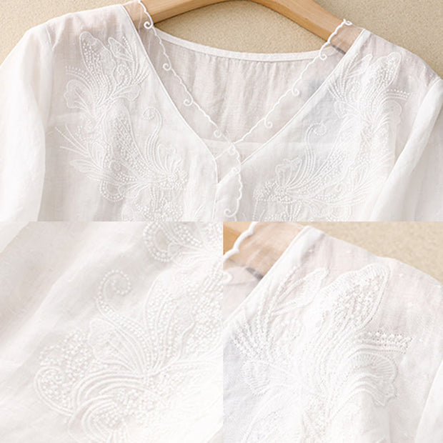 Buddha Stones V-Neck Butterfly Women's Cotton Linen Half Sleeve Shirt