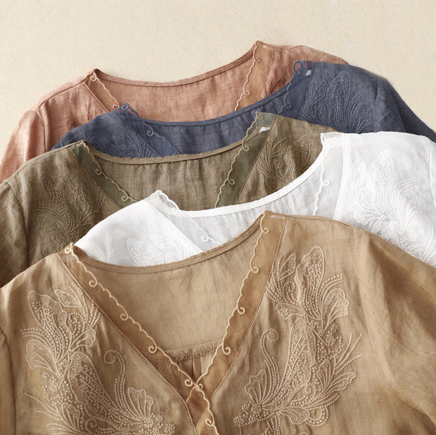 Buddha Stones V-Neck Butterfly Women's Cotton Linen Half Sleeve Shirt