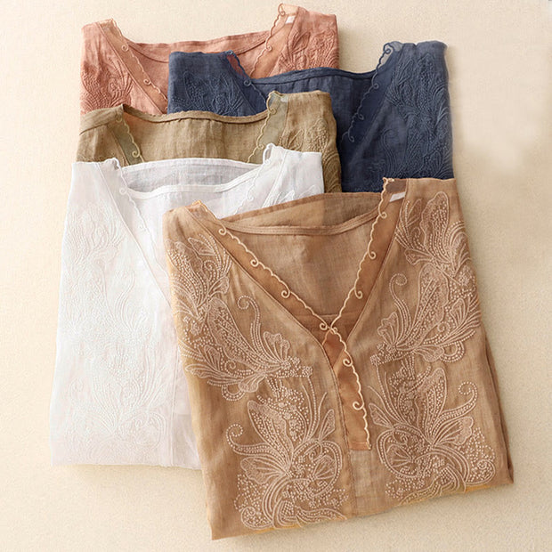 Buddha Stones V-Neck Butterfly Women's Cotton Linen Half Sleeve Shirt