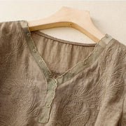 Buddha Stones V-Neck Butterfly Women's Cotton Linen Half Sleeve Shirt