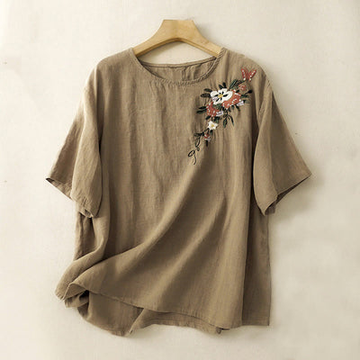 Buddha Stones Casual Summer Embroidered Crew Neck Women's  Cotton Short Sleeve T-shirt