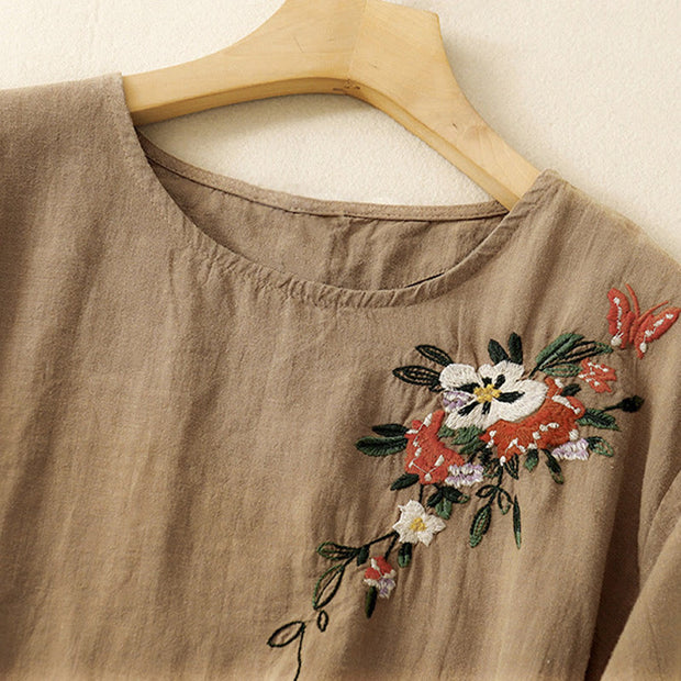 Buddha Stones Casual Summer Embroidered Crew Neck Women's  Cotton Short Sleeve T-shirt