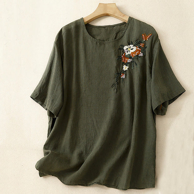 Buddha Stones Casual Summer Embroidered Crew Neck Women's  Cotton Short Sleeve T-shirt