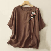 Buddha Stones Casual Summer Embroidered Crew Neck Women's  Cotton Short Sleeve T-shirt