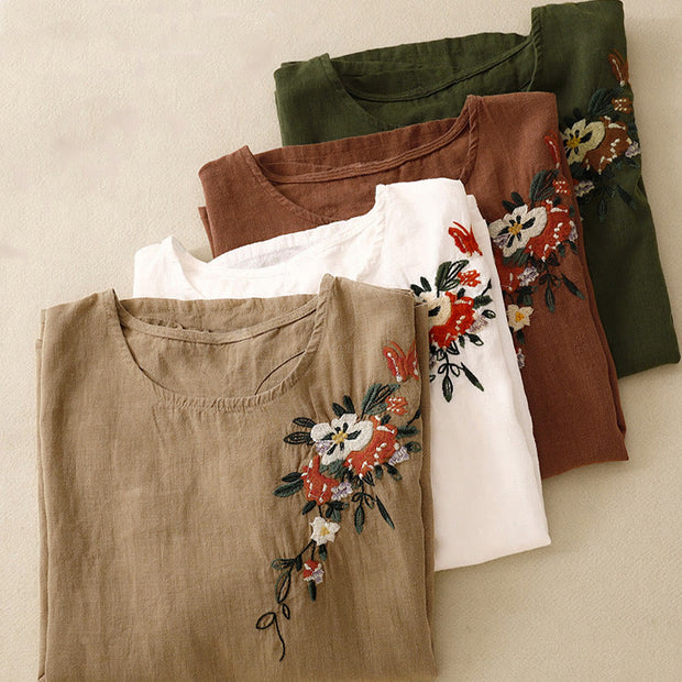 Buddha Stones Casual Summer Embroidered Crew Neck Women's  Cotton Short Sleeve T-shirt