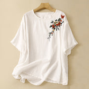 Buddha Stones Casual Summer Embroidered Crew Neck Women's  Cotton Short Sleeve T-shirt