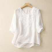 Buddha Stones V-Neck Lines Embroidery Women's Cotton Linen Half Sleeve Shirt