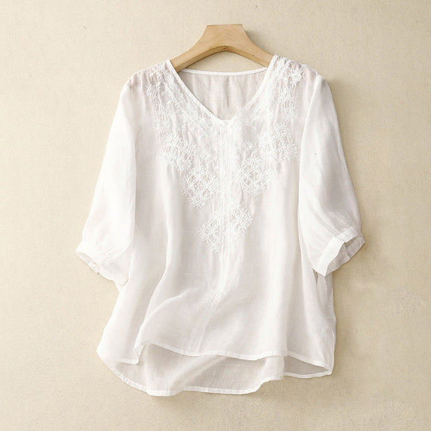 Buddha Stones V-Neck Lines Embroidery Women's Cotton Linen Half Sleeve Shirt