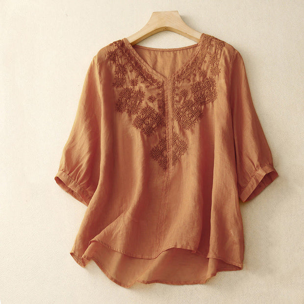 Buddha Stones V-Neck Lines Embroidery Women's Cotton Linen Half Sleeve Shirt