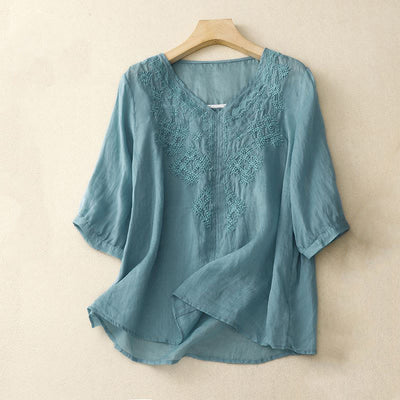 Buddha Stones V-Neck Lines Embroidery Women's Cotton Linen Half Sleeve Shirt