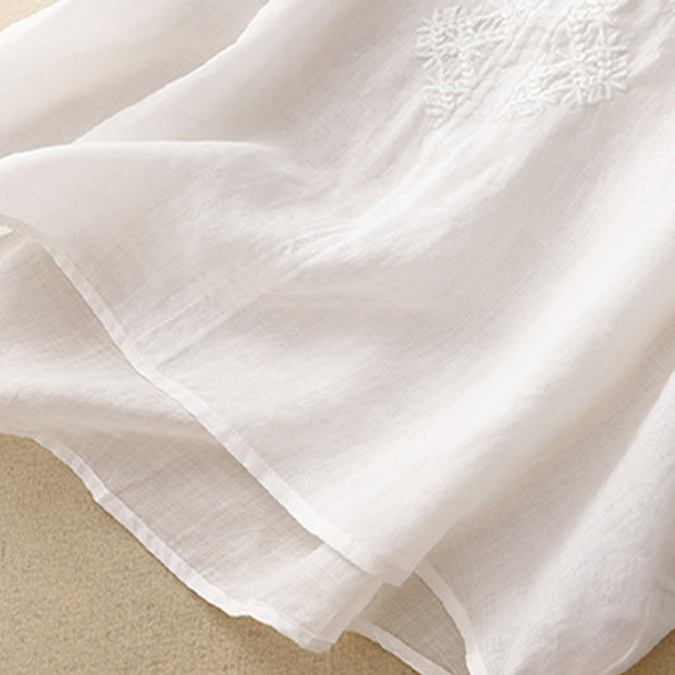 Buddha Stones V-Neck Lines Embroidery Women's Cotton Linen Half Sleeve Shirt