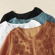 Buddha Stones V-Neck Lines Embroidery Women's Cotton Linen Half Sleeve Shirt
