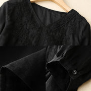 Buddha Stones V-Neck Lines Embroidery Women's Cotton Linen Half Sleeve Shirt