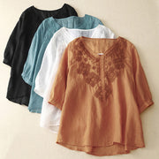 Buddha Stones V-Neck Lines Embroidery Women's Cotton Linen Half Sleeve Shirt
