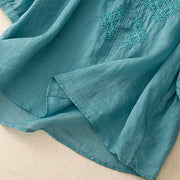 Buddha Stones V-Neck Lines Embroidery Women's Cotton Linen Half Sleeve Shirt