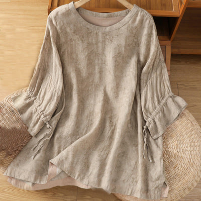 Buddha Stones Casual Retro Solid Color Crew Neck Design Drawstring Half Sleeve Cotton Polyester Midi Dress
