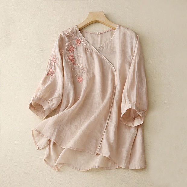 Buddha Stones Rose Vine Embroidery Design Women's Cotton Linen Three Quarter Sleeve Shirt