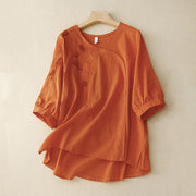Buddha Stones Rose Vine Embroidery Design Women's Cotton Linen Three Quarter Sleeve Shirt