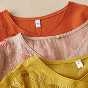 Buddha Stones Rose Vine Embroidery Design Women's Cotton Linen Three Quarter Sleeve Shirt