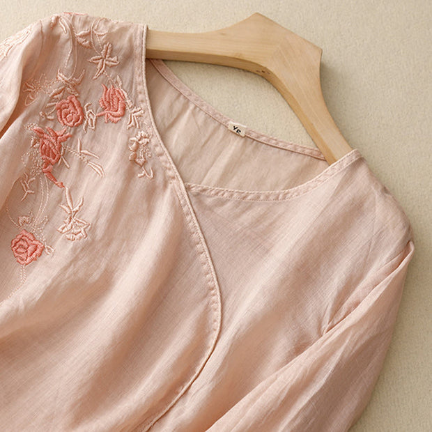 Buddha Stones Rose Vine Embroidery Design Women's Cotton Linen Three Quarter Sleeve Shirt