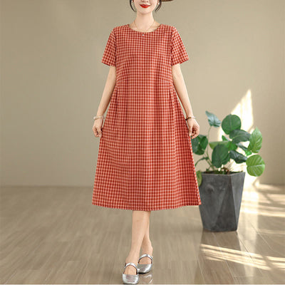 Buddha Stones Retro Solid Color Plaid Pattern Crew Neck Short Sleeve Cotton Linen Midi Dress With Pockets