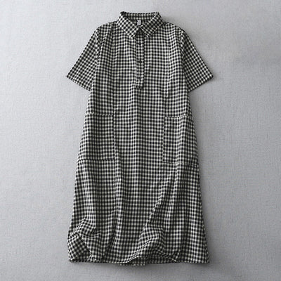 Buddha Stones Casual Vintage Plaid Pattern Lapel Short Sleeve Cotton Midi Dress With Pockets