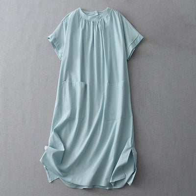 Buddha Stones Casual Pure Color Back Buttons Design Crew Neck Short Sleeve Cotton Linen Midi Dress With Pockets