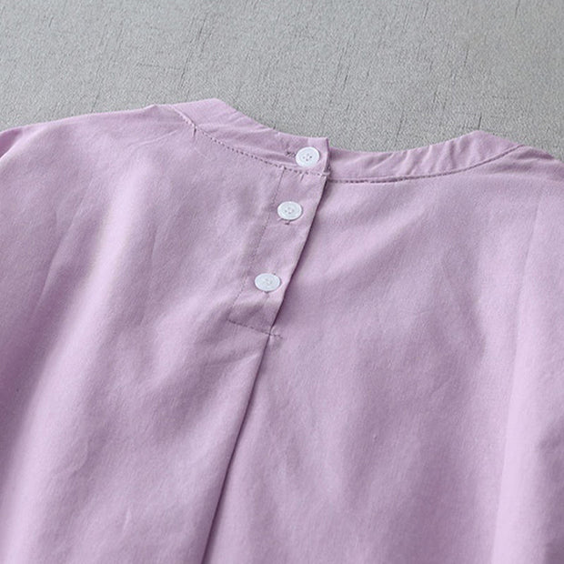 Buddha Stones Casual Pure Color Back Buttons Design Crew Neck Short Sleeve Cotton Linen Midi Dress With Pockets