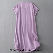 Buddha Stones Casual Pure Color Back Buttons Design Crew Neck Short Sleeve Cotton Linen Midi Dress With Pockets