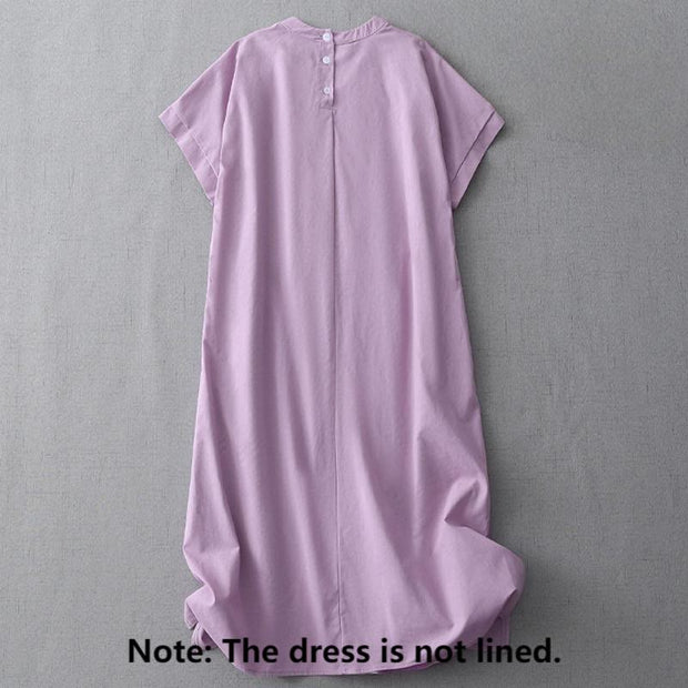 Buddha Stones Casual Pure Color Back Buttons Design Crew Neck Short Sleeve Cotton Linen Midi Dress With Pockets