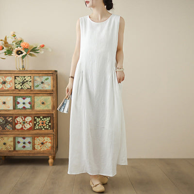 Buddha Stones FloralWhite Casual Back Buttons Design Sleeveless Cotton Maxi Dress With Pockets