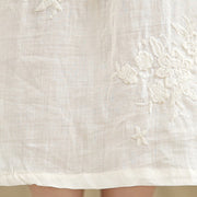 Buddha Stones Beige Casual Embroidery Three Quarter Sleeve Cotton Linen Maxi Dress With Pockets