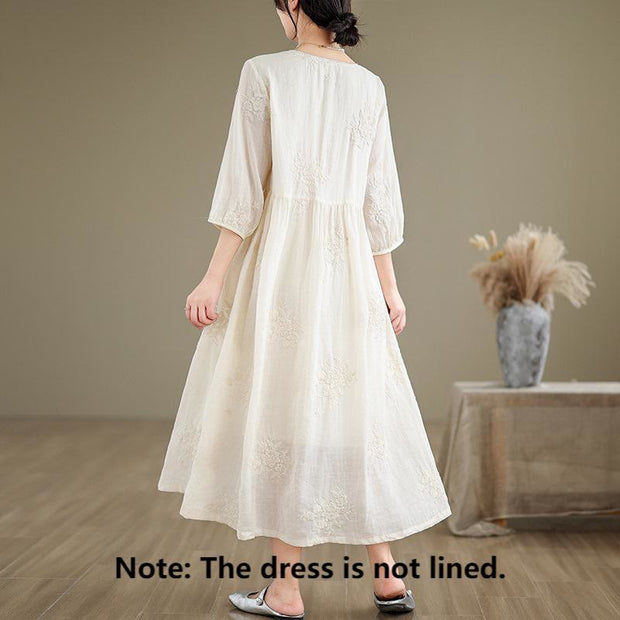 Buddha Stones Beige Casual Embroidery Three Quarter Sleeve Cotton Linen Maxi Dress With Pockets
