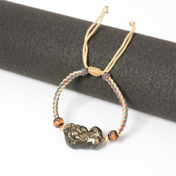 Buddha Stones Gold Sheen Obsidian PiXiu Wealth Rope Necklace Pendant Bracelet