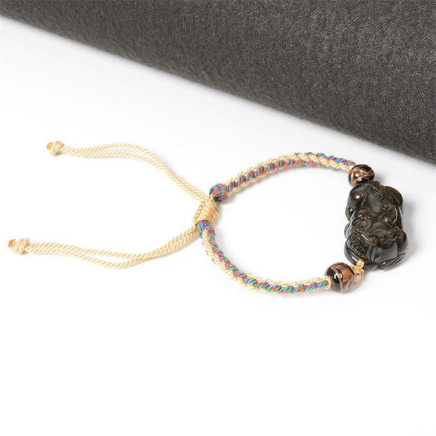 Buddha Stones Gold Sheen Obsidian PiXiu Wealth Rope Necklace Pendant Bracelet
