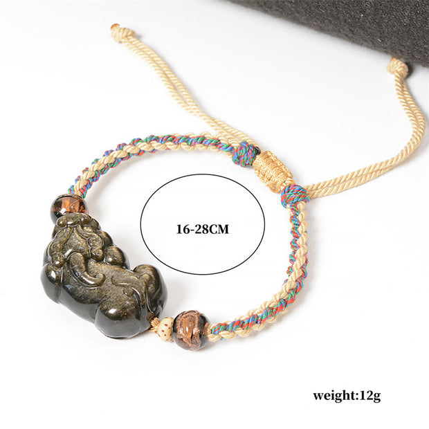 Buddha Stones Gold Sheen Obsidian PiXiu Wealth Rope Necklace Pendant Bracelet