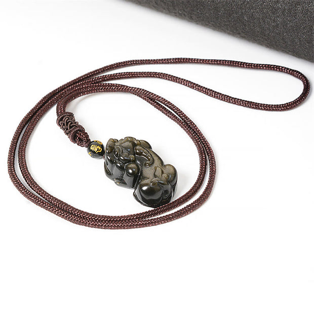 Buddha Stones Gold Sheen Obsidian PiXiu Wealth Rope Necklace Pendant Bracelet