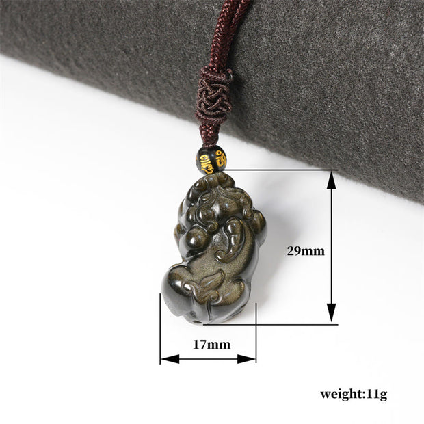 Buddha Stones Gold Sheen Obsidian PiXiu Wealth Rope Necklace Pendant Bracelet