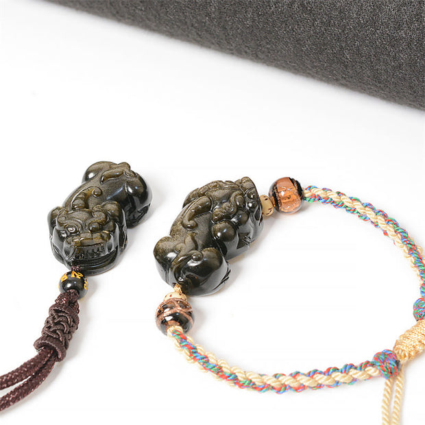 Buddha Stones Gold Sheen Obsidian PiXiu Wealth Rope Necklace Pendant Bracelet