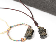 Buddha Stones Gold Sheen Obsidian PiXiu Wealth Rope Necklace Pendant Bracelet