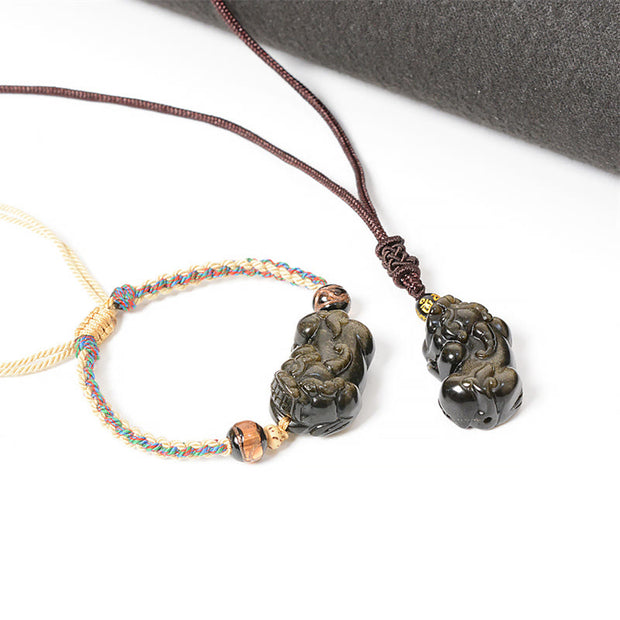 Buddha Stones Gold Sheen Obsidian PiXiu Wealth Rope Necklace Pendant Bracelet