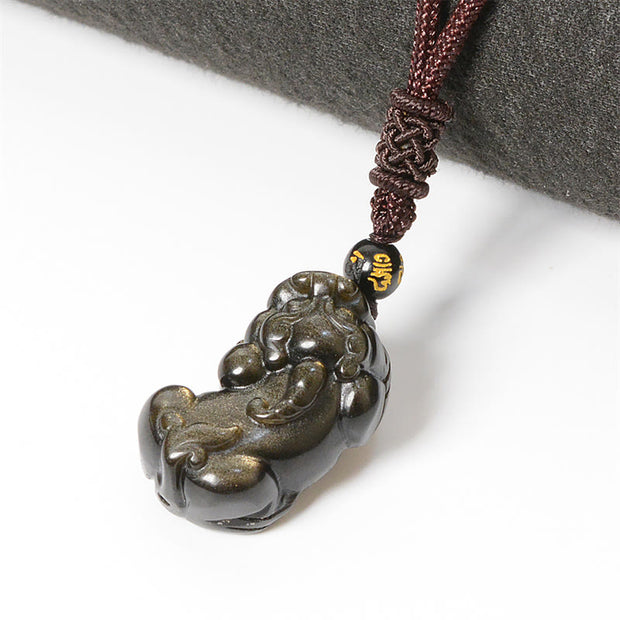 Buddha Stones Gold Sheen Obsidian PiXiu Wealth Rope Necklace Pendant Bracelet