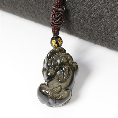 Buddha Stones Gold Sheen Obsidian PiXiu Wealth Rope Necklace Pendant Bracelet