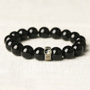 Buddha Stones Black Obsidian Yin Yang Nine-Character Mantra Fulfilment Bracelet