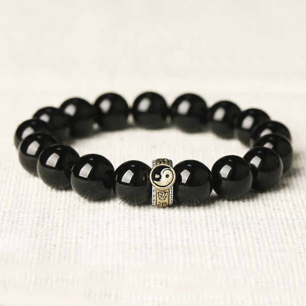 Buddha Stones Black Obsidian Yin Yang Nine-Character Mantra Fulfilment Bracelet