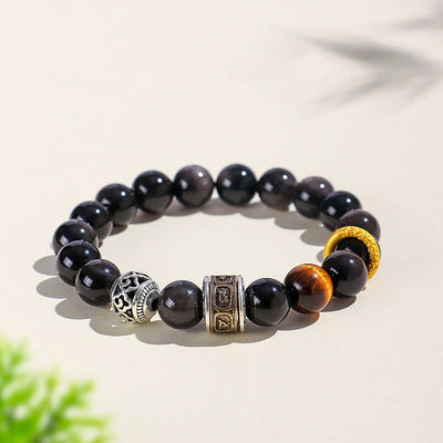 Buddha Stones Silver Sheen Obsidian Tiger Eye Om Mani Padme Hum Protection Bracelet