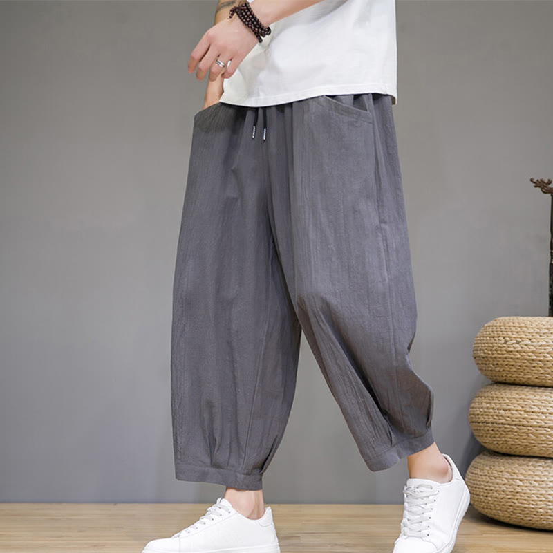 Buddha Stones Simple Cotton Men's Cropped Capri Harem Pants With