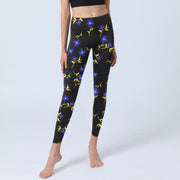 Buddha Stones Blue Flower Leaves Pattern Print Gym Leggings Women's Yoga Pants