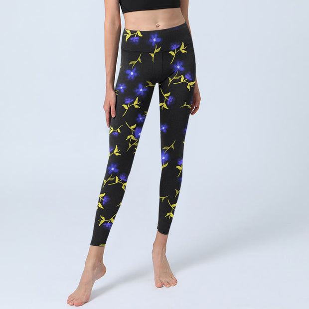 Buddha Stones Blue Flower Leaves Pattern Print Gym Leggings Women's Yoga Pants