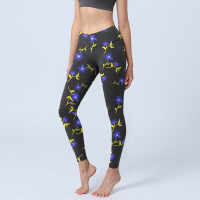 Buddha Stones Blue Flower Leaves Pattern Print Gym Leggings Women's Yoga Pants